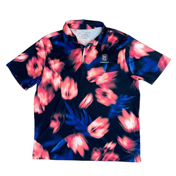 UNDER ARMOUR Blue Coral Blurred Floral Print Short Sleeve Golf Polo Shirt Large - Picture 1 of 8